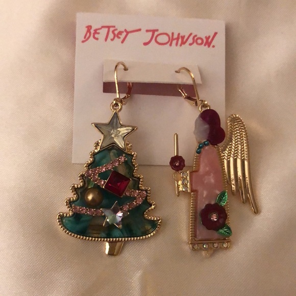 Betsey Johnson Gold Tone Feliz Navidad Angel & Christmas Tree Mismatch Earrings - Picture 4 of 12